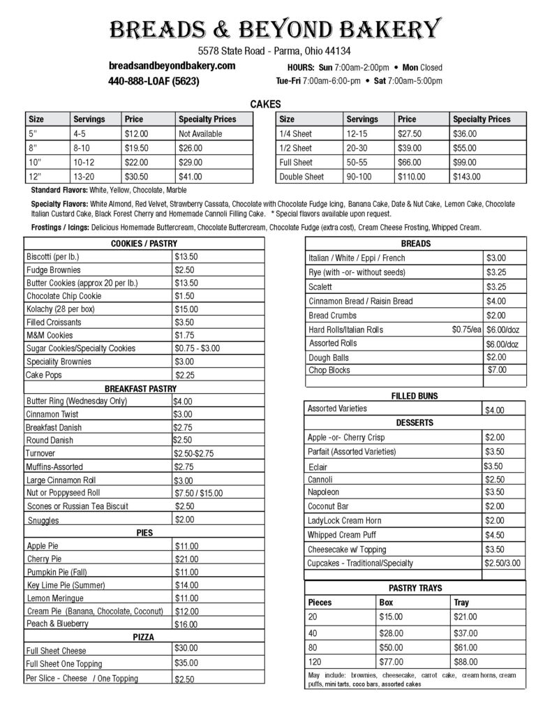 Menu Breads and Beyond Bakery