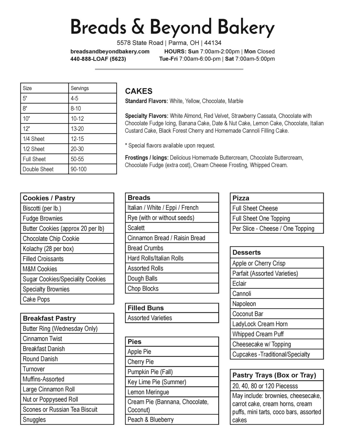 Menu Breads and Beyond Bakery