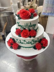 white 2 tiered cake with red flowers